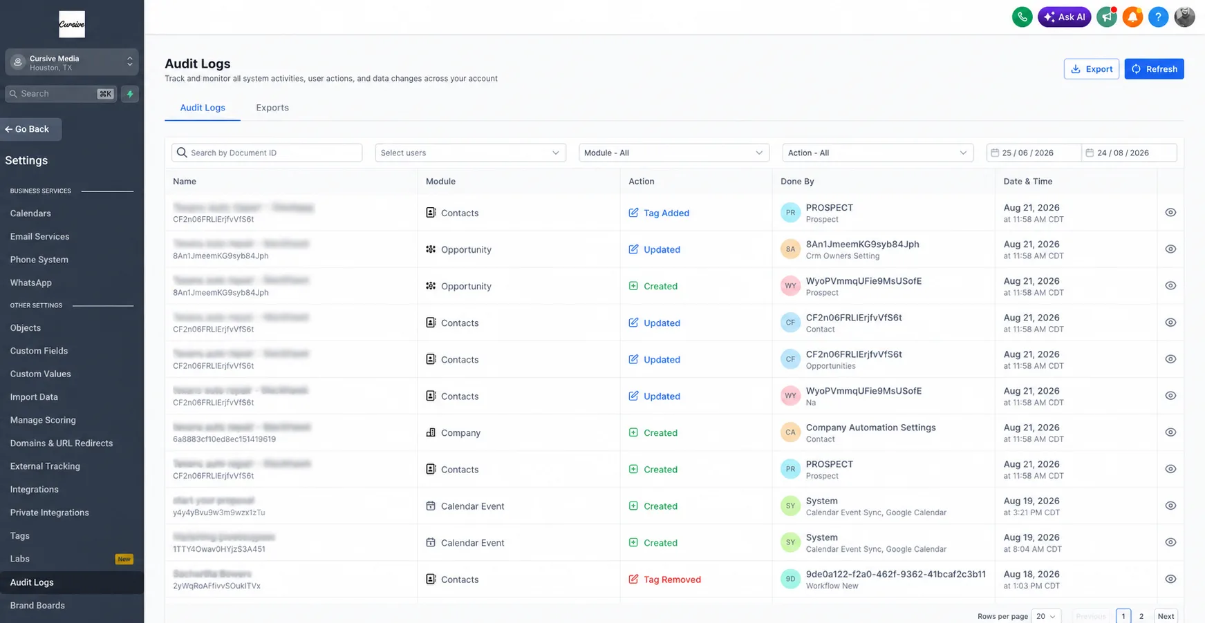 GoHighLevel's Audit Logs screen listing contact, opportunity, and calendar-event changes, each with module, action, who made it, and a timestamp, filtered across a two-month window.