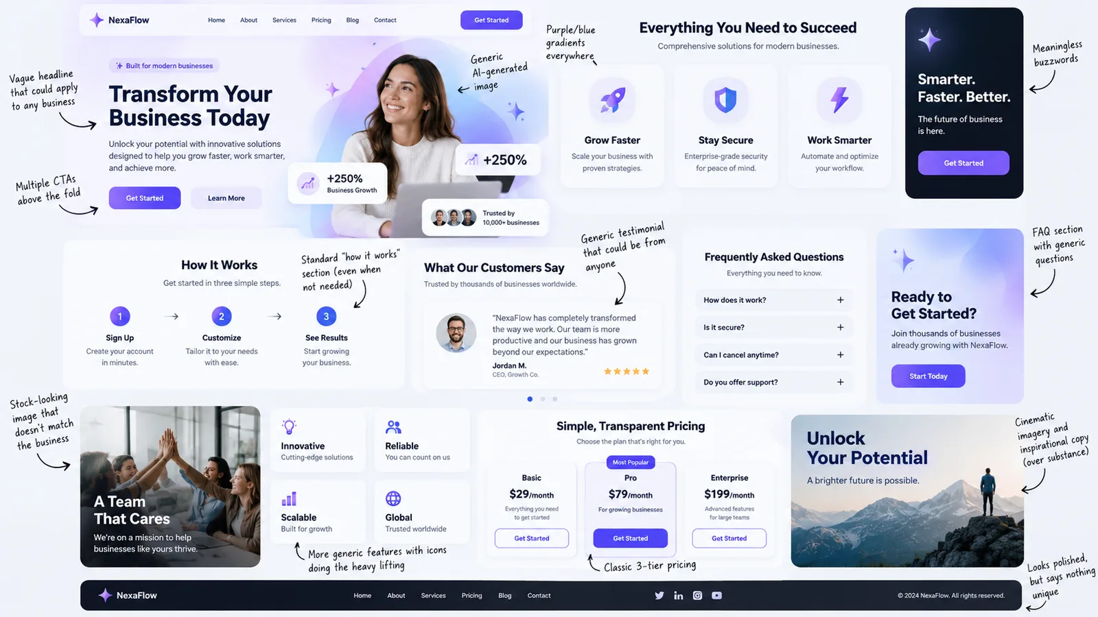 A mock software landing page annotated with handwritten notes pointing out the patterns of unedited AI output: a vague headline, multiple calls to action above the fold, a generic AI-generated image, purple gradients, buzzword copy, a standard three-step "how it works" section, an anonymous testimonial, a generic FAQ, a stock team photo, feature cards carried by icons, and a three-tier pricing table.