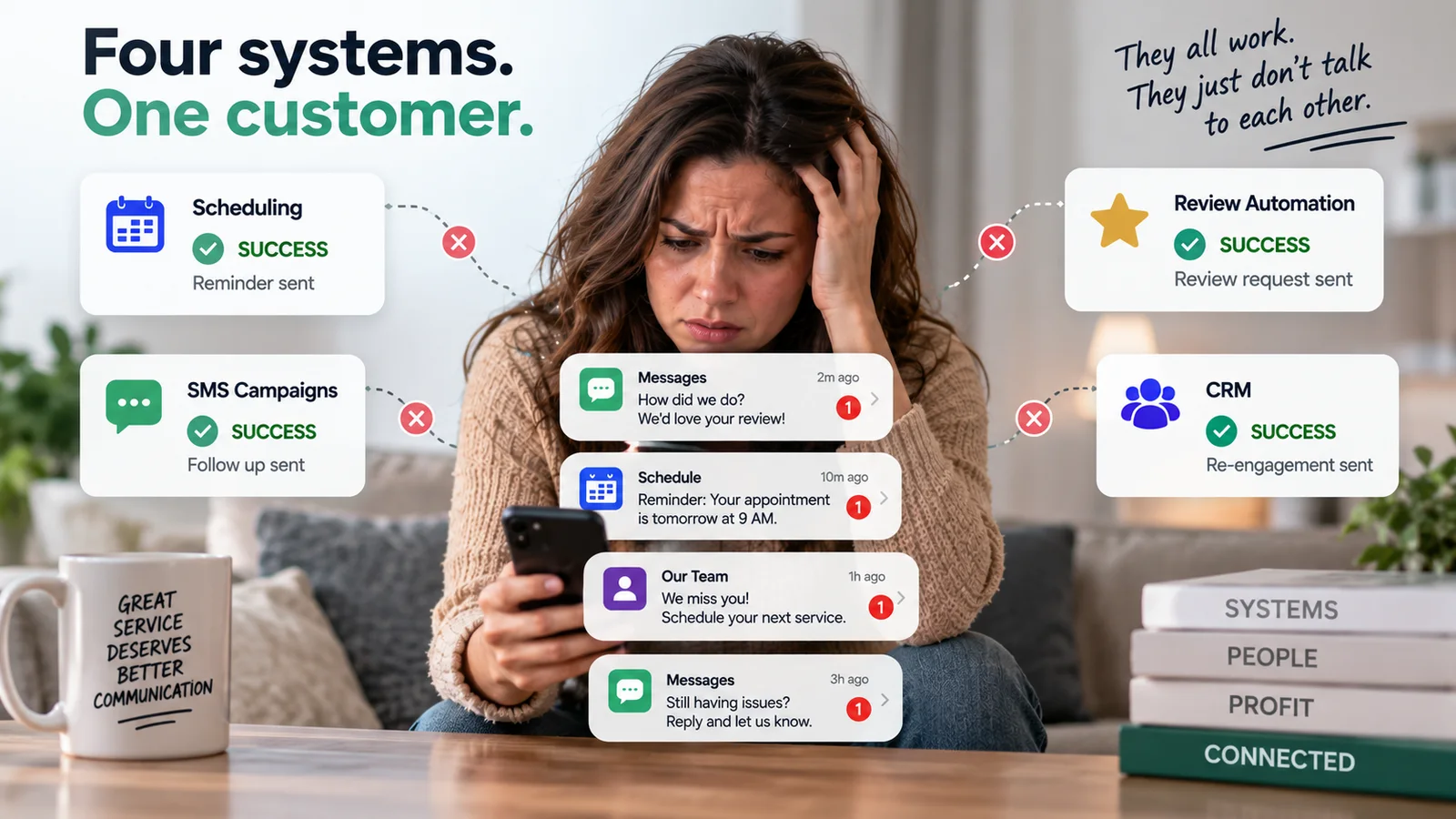 A customer holding her phone with four notifications stacked on it (a review request, an appointment reminder, a we-miss-you message and a follow-up asking if she is still having issues), surrounded by four dashboards reading SUCCESS: Scheduling, SMS Campaigns, Review Automation and CRM. Handwritten text reads: they all work, they just do not talk to each other.