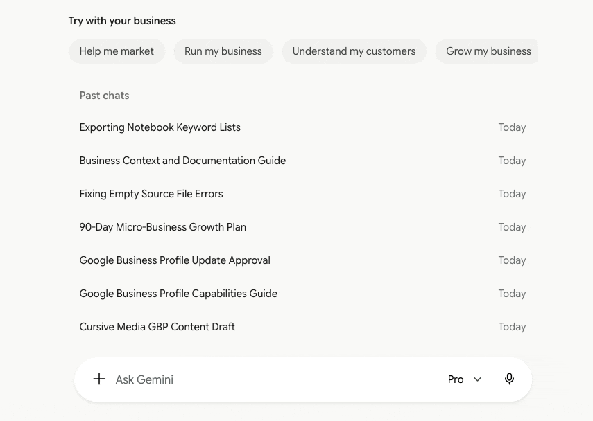 Screen recording of the Gemini prompt box inside the notebook: typing @ opens a list of apps including Google Calendar, Keep, Drive, Gmail, and Google Business Profile; typing “google bus” narrows the list to Google Business Profile, and clicking it inserts an @Google Business Profile chip into the prompt