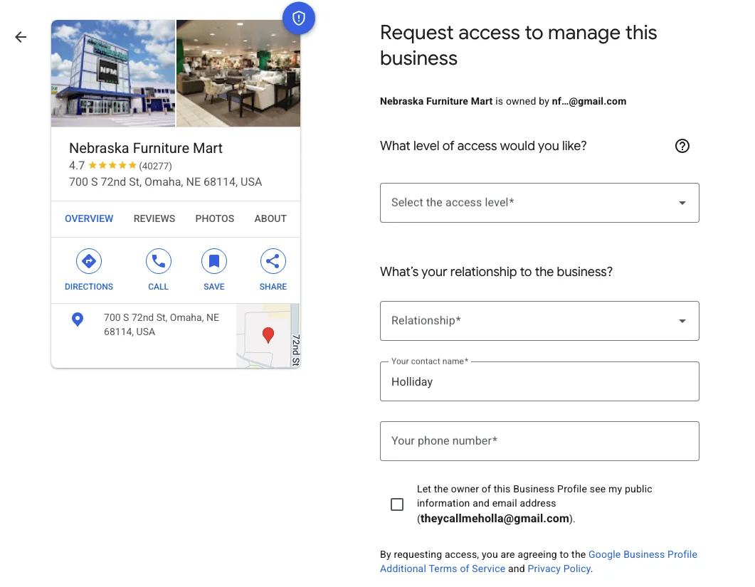 The "Request access to manage this business" form with dropdowns for access level and relationship to the business, fields for contact name and phone number, and a checkbox to share your public information and email with the current owner.