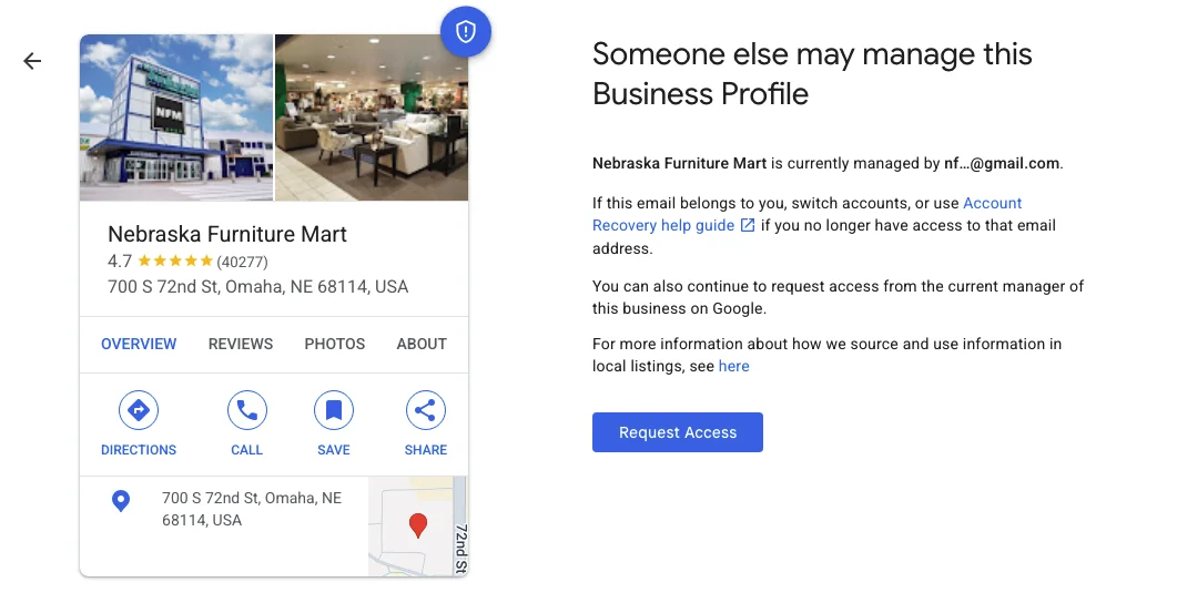 Google screen titled "Someone else may manage this Business Profile" showing the listing card on the left, a note that the profile is managed by a partly hidden Gmail address, and a blue "Request Access" button.