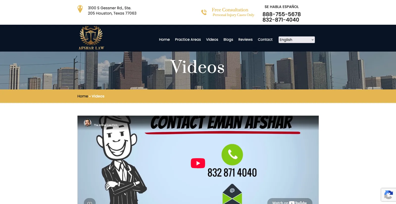 The Afshar Law Firm's old WordPress home page: dated template, dropdown language picker, stock skyline banner