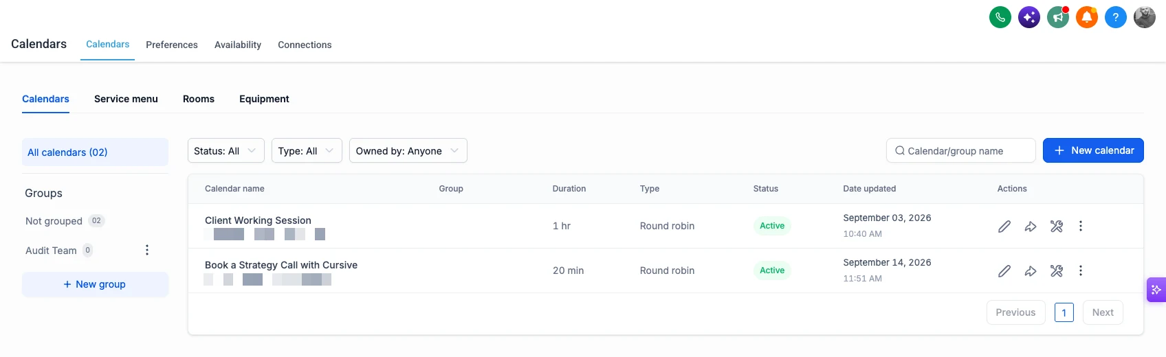 The calendar settings in Cursive's own HighLevel account, showing two active round-robin calendars: a 20-minute strategy call and a one-hour client working session.