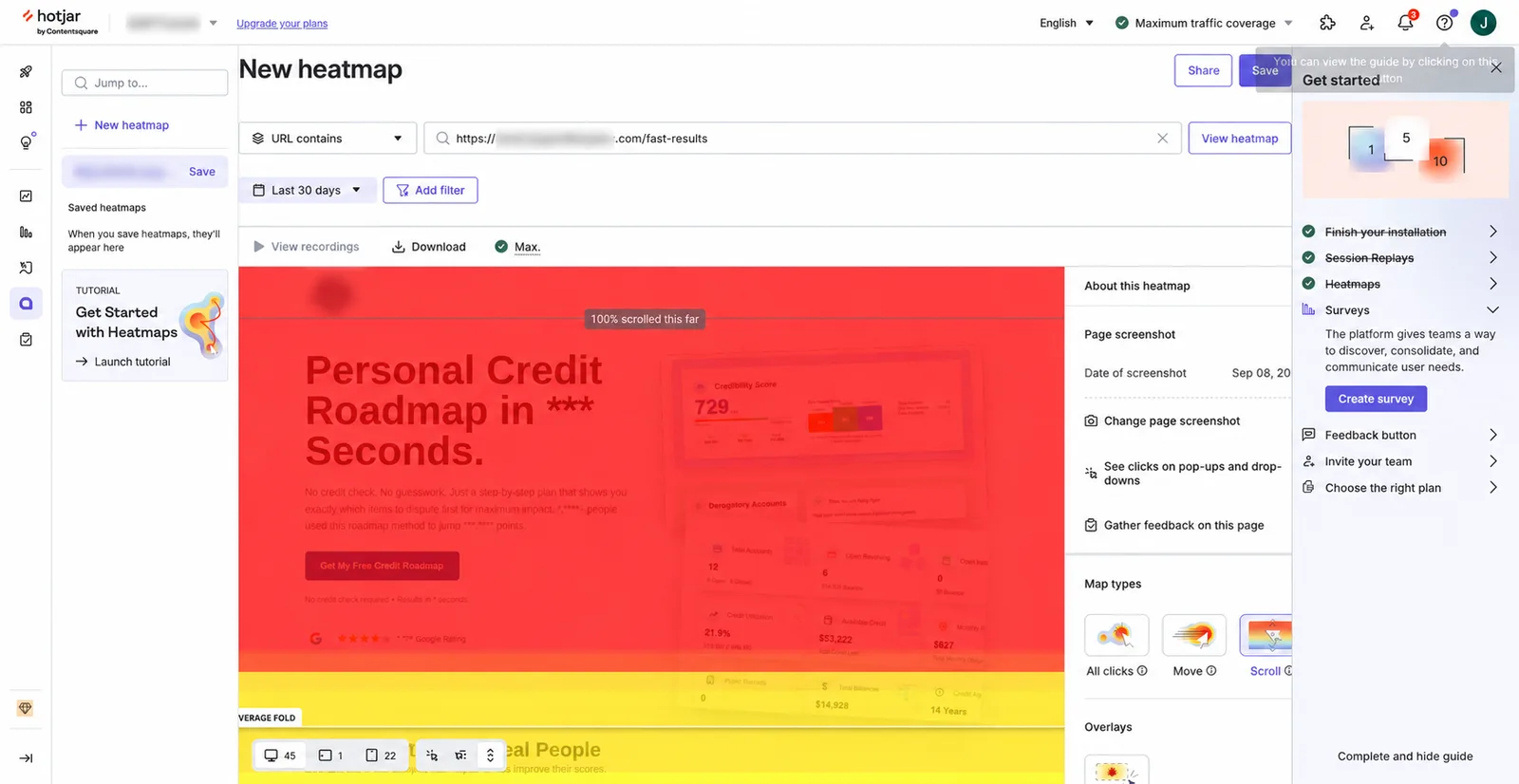 Hotjar scroll heatmap over a landing page hero, with a marker showing how far visitors scrolled and the average fold line